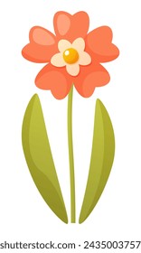 One beautiful red and pink flower on a stem with green leaves on a white background. Summer and spring flowering. Vector illustration. Flower clip art for design of posters, cards, logo, label, print.