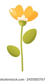 One beautiful yellow flower with petals on a stem with green leaves on a white background. Vector botanical illustration. Clip art of flower for design of posters, cards, logo, label, badges.