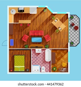 One bedroom apartment floor Plan with kitchen dinning area balcony bathroom and rooms for study and leisure flat vector illustration