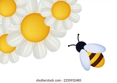 One bee with chamomile, daisy 3d. An insect collects nectar, pollen on flowers in a garden or field. Flight top view. Honey bee, wild wasp, bumblebee in the apiary. Active labor, pollination. Vector.