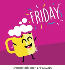 One beer funny cartoon. Vector cartoon funky beer glass character. Happy friday concept illustration. Vector illustration for print design.Vector illustration for print. 