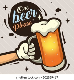 One Beer Please Hand Drawn Artistic Cartoon Illustration  For Advertising. The Hand With A Mug Of Draft Beer. Vector Image. 