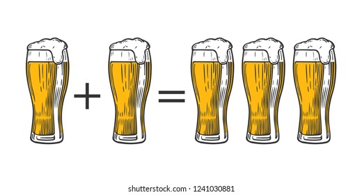 One beer plus one beer equals three beer. Vintage vector engraving illustration for cards, poster, invitation to party. Hand drawn design element isolated on white background.