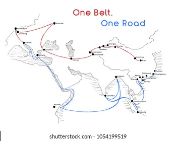 "One Belt One Road" new Silk Road concept. 21st-century connectivity and cooperation between Eurasian countries. Vector illustration.