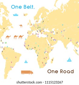 "One Belt One Road" new Silk Road concept. 21st-century connectivity and cooperation between Eurasian countries. Vector illustration.