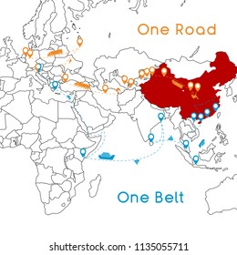 "One Belt One Road" new Silk Road concept. 21st-century connectivity and cooperation between Eurasian countries. Vector illustration.