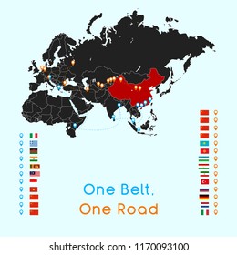 "One Belt One Road" new Silk Road concept. 21st-century connectivity and cooperation between Eurasian countries. Vector illustration.