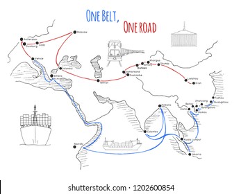 "One Belt One Road" new Silk Road concept. 21st-century connectivity and cooperation between Eurasian countries. Vector illustration.