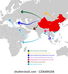 "One Belt One Road" new Silk Road concept. 21st-century connectivity and cooperation between Eurasian countries. Vector illustration.