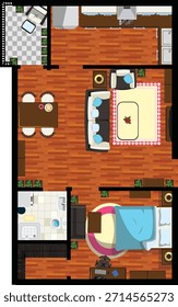 One BHK House Diseño de Interiores Vista Superior Pequeño Vector