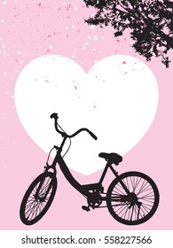 One bicycle parking under blooming flower tree, landscape park vintage spring scene, silhouette travel concept on pink background, black shadow banner on white heart shape backdrop