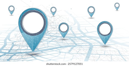 One big abstract pin icon on the city map with a few small pins. Transportation delivery, map location, transport logistics, tourism navigation, concept. Gps navigation, new location. Blue background