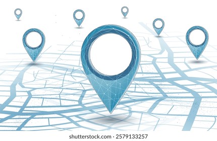 One big abstract pin icon on the city map with a few small pins. Transportation delivery, map location, transport logistics, tourism navigation, concept. Gps navigation, new location. Blue background