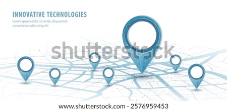 One big abstract pin icon on the city map with a few small pins. Transportation delivery, map location, transport logistics, tourism navigation, concept. Gps navigation, new location. Blue background