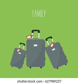 one big baggage vector for travel & two little from smallest to largest or biggest. three modern gray or grey suitcase in holiday & tag name flat design. 3 luggage in vacation & text  - family.