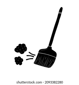 One big black broom sweep floor with long wooden handle and clouds of dust isolated, household implement from dust and dirt. Vector illustration.