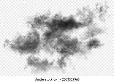 One big black cloud from fire or conflagration. Dark gloomy realistic smoke or smog isolated on white semi transparent background. Air pollution related vector iluustration.