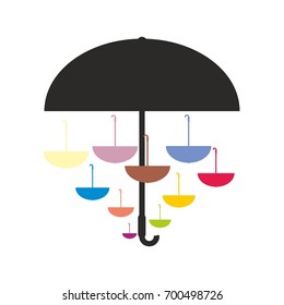 one big black umbrella with some colorful umbrellas