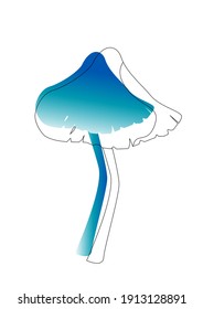 one big blue mushroom on a white background. with a protruding line as a black border. outlines of the mushroom.