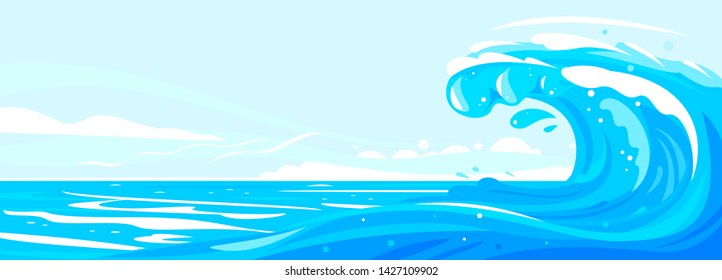 One big blue ocean wave in side view illustration landscape, wonderful surfing wave in ocean, panorama of open deep sea ocean with big wave