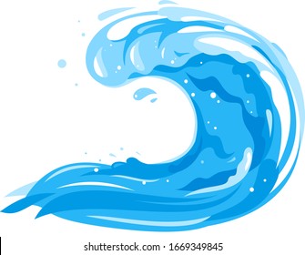 One big blue ocean wave in side view isolated illustration in flat style, wonderful big surfing classic simple wave