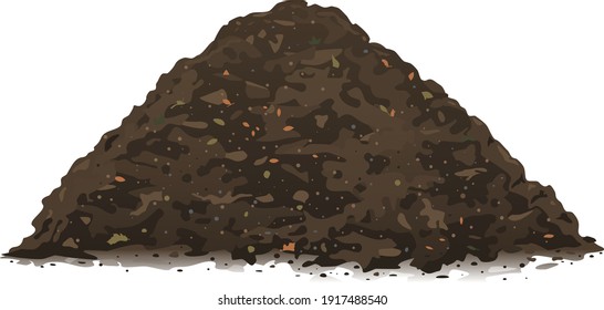 One big brown heap of organic compost in side view isolated illustration, fertile soil for growing garden crops, composting process of fallen leaves, transformation of food waste into fertile soil