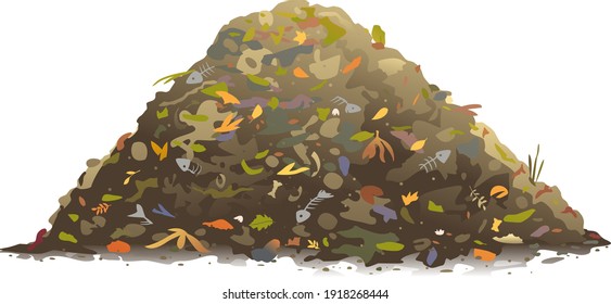 One big brown heap of organic food for compost in side view isolated, composting process of food waste and fallen leaves, transformation of food waste into fertile soil, landfill of organic waste