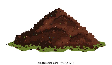 One big brown heap of organic compost in side view isolated illustration, fertile soil for growing garden crops. Vector illustration isolated on white background.