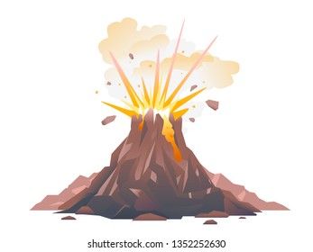 One big brown volcano with explosion and smoke, volcano eruption of orange lava flows down the hill and stones flying in the air, isolated