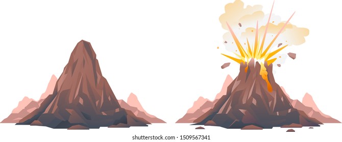 One big brown volcano with explosion and smoke, volcano before the eruption, volcano eruption of orange lava flows down the hill and stones flying in the air, isolated