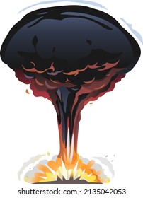 Una gran explosión de bomba de dibujos animados en el suelo con una gran columna de humo negro y una bola de fuego, una brillante explosión de fuego con garrotes negros de humo en la superficie horizontal aislados, una explosión en la vista lateral
