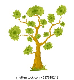One big cartoon bonsai tree with green leaves, isolated