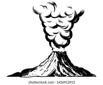 One big dangerous active volcano with fire very hot lava and thick red smoke on mountain. Isolated monochrome vector vintage illustration drawing sketch tribal style. Poster print design sticker