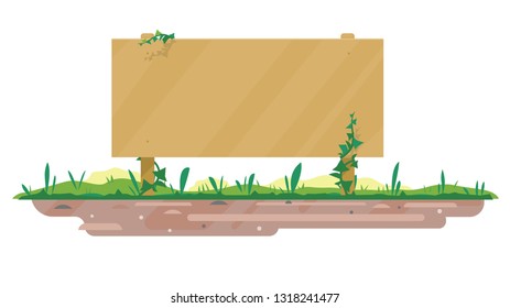 One big empty wooden board standing on ground with green grass in flat style isolated, board template for spring and summer text information