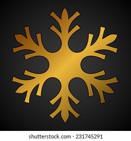 One big golden snowflake over black background.