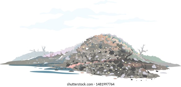 One big gray heap of trash and waste bags isolated on white, garage dump with mountains of trash and waste bags, disgusting heap of household waste, environmental pollution illustration