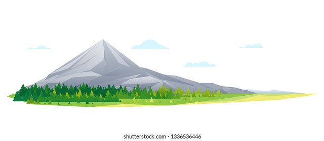 One big high mountain with spruce forest around, nature tourism landscape illustration isolated