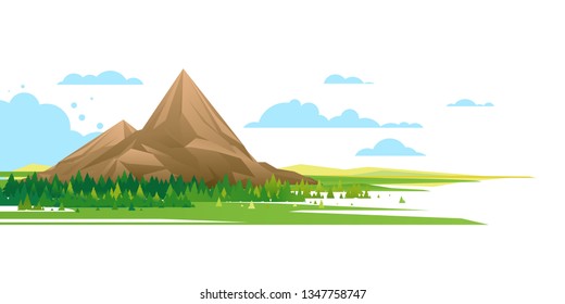 One big high mountain with spruce forest around, nature tourism landscape illustration isolated