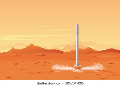 One big metallic rocket landind on the Maps planet, martian landscape with mountains and orange sky, sand hills with stones on a deserted planet, colonization concept illustration background