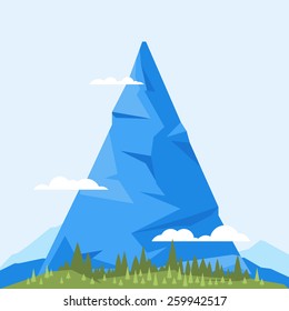 One big mountain with clouds in blue color, simply cartoon illustration, flat style