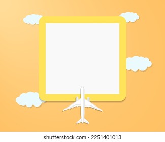 One big photo frame with travel concept, travel photo album concept, plane and clouds in orange background, copy space or photo area, top view