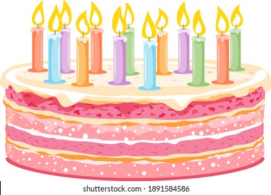 One big pink sweet birthday cake decorated on top with colored lighted candles isolated holiday illustration, big beautiful holiday cake with many layers and many small candles