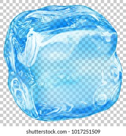 One big realistic translucent ice cube in light blue color on transparent background. Transparency only in vector format