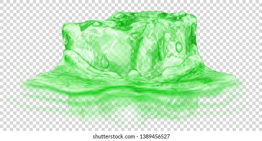 One big realistic translucent ice cube in green color half submerged in water. Isolated on transparent background. Transparency only in vector format