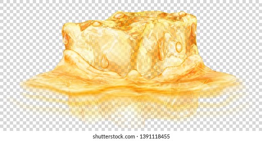 One big realistic translucent ice cube in yellow color half submerged in water. Isolated on transparent background. Transparency only in vector format