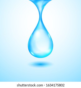 One big realistic translucent water drop in blue colors with shadow