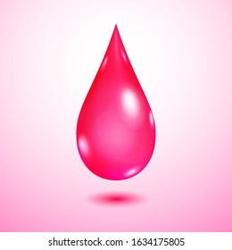 One big realistic translucent water drop in red colors with shadow