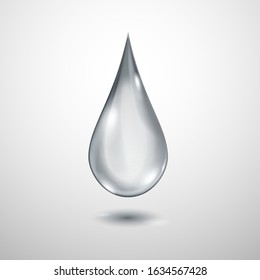 One big realistic translucent water drop in gray colors with shadow
