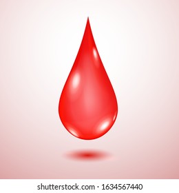 One big realistic translucent water drop in red colors with shadow