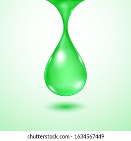 One big realistic translucent water drop in green colors with shadow